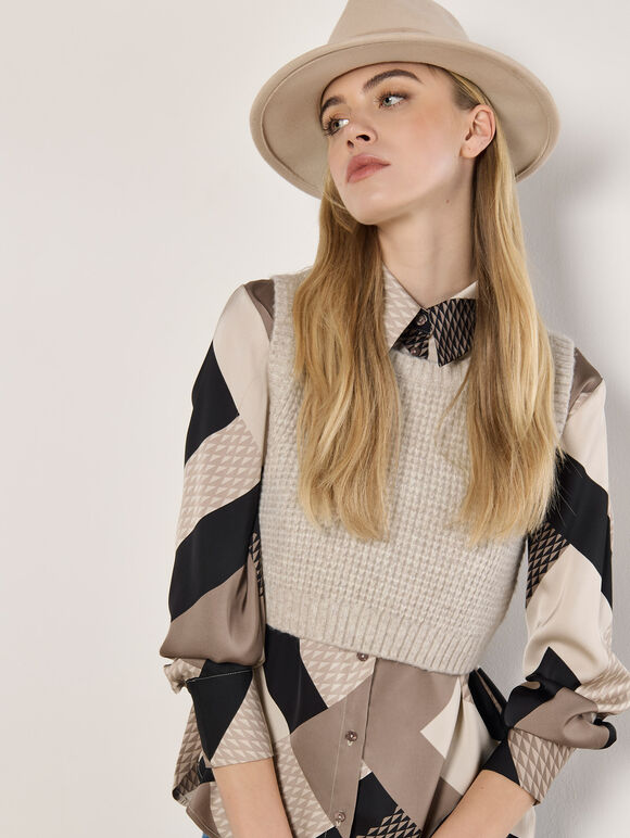 Geo Print Satin Shirt, Stone, large