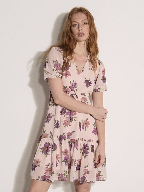 Floral Rose Chiffon Mini Dress, Pink, large