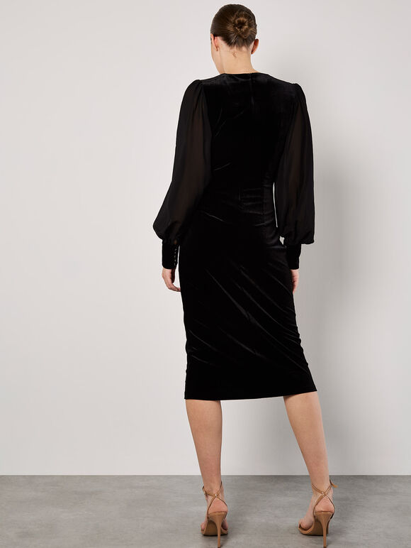 Velvet Twist Bodice Midi Dress, Black, large
