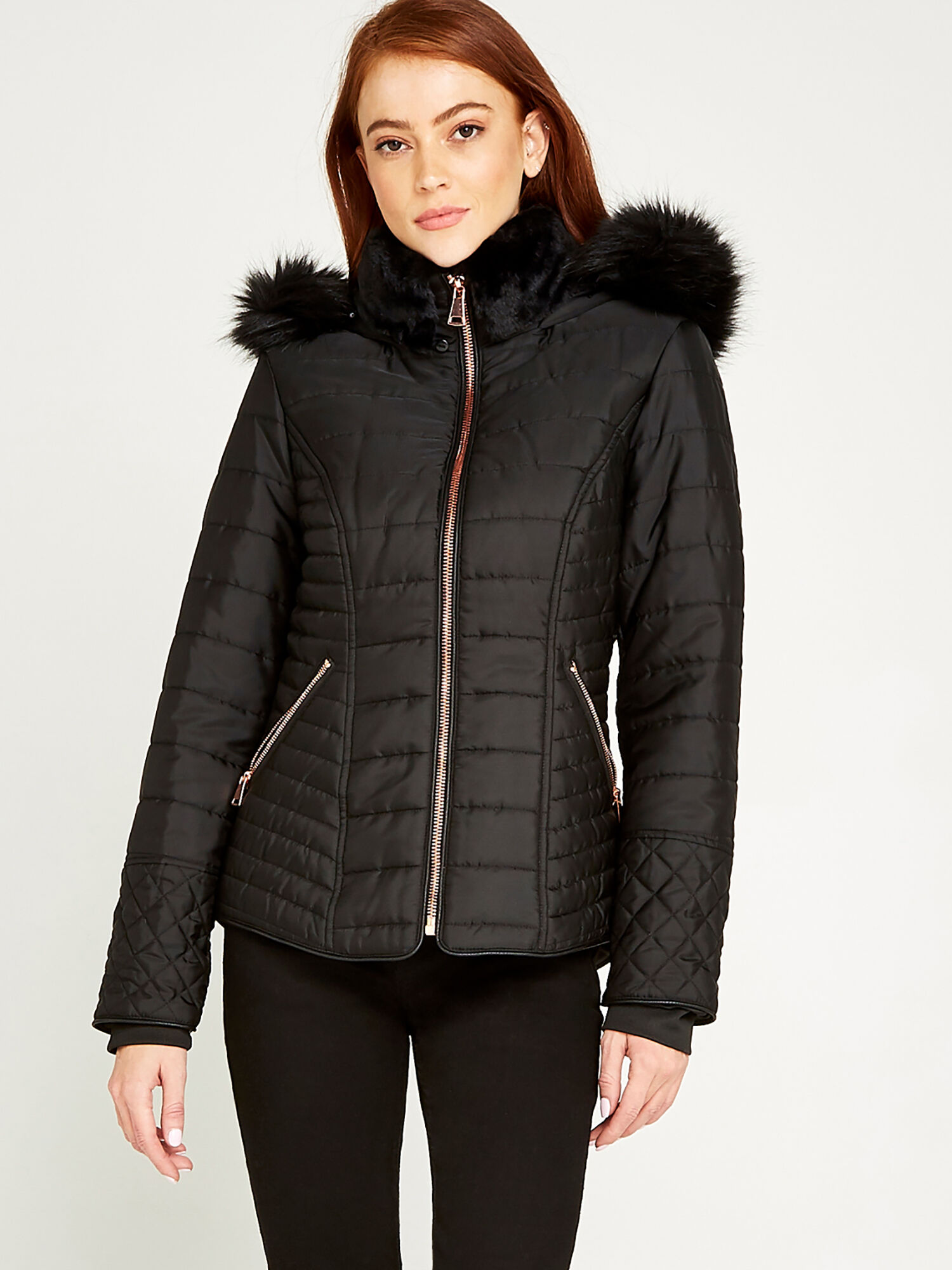 Fur Trim Puffer Jacket Apricot Clothing