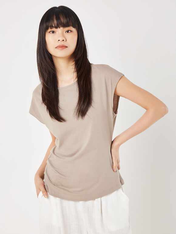 Side Pleat Cotton T-Shirt, Brown, large