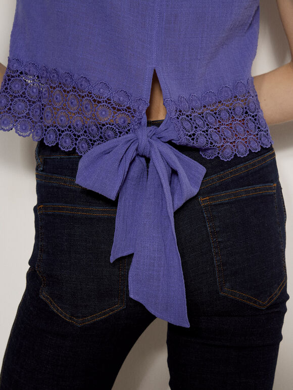 Cotton Lace Bow Top, Purple, large