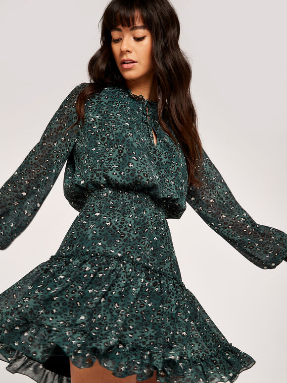 Leopard Tiered Pussybow Dress, Green, large