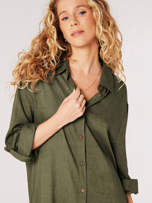 Oversized Linen Blend Shirt Mini Dress, Khaki, large