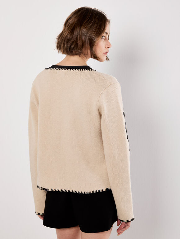 Swirl Embroidered Blanket Stitch Cardigan, Stone, large