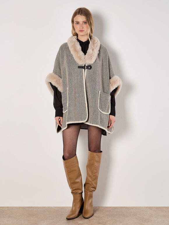 Heritage Texture Faux Fur Lined Cape, Stone, large