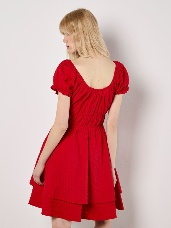 Eyelet Embroidery Tiered Mini Dress, Red, large