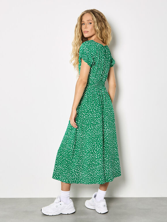 Spot Print Milkmaid Midi Dress, Green, large