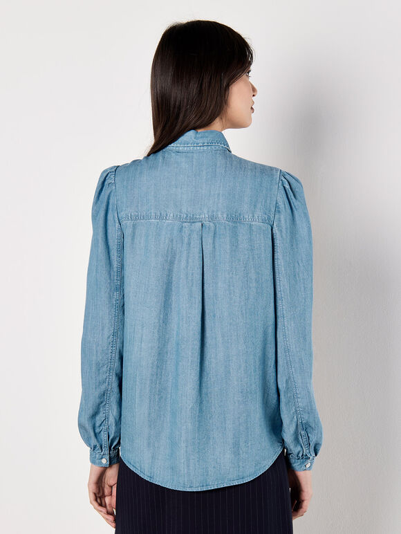 Balloon Sleeve Denim Shirt, Blue, large