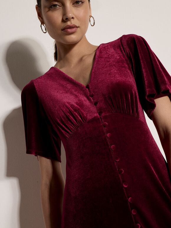 Velvet Button-Down Mini Dress, Red, large