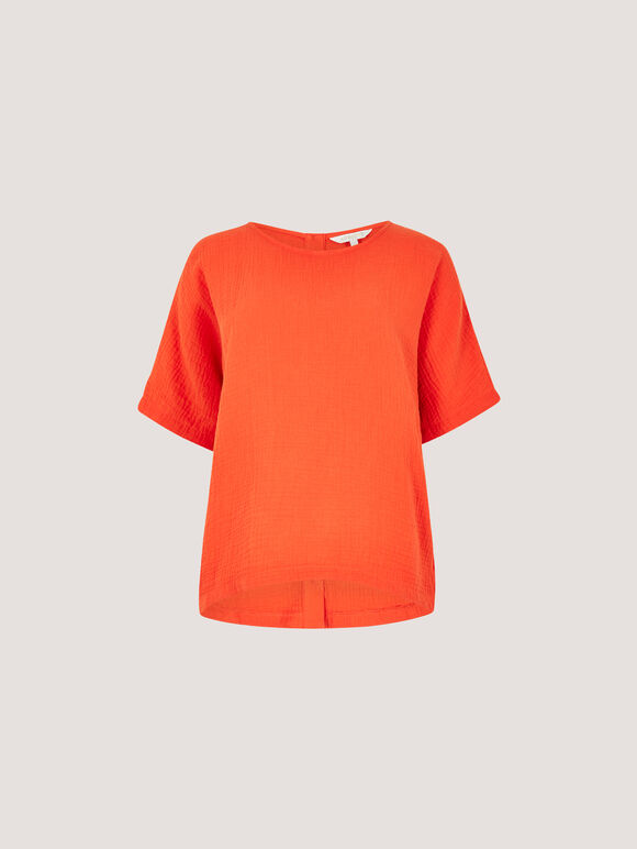 Textured Cotton Button Back T-Shirt, Orange, large