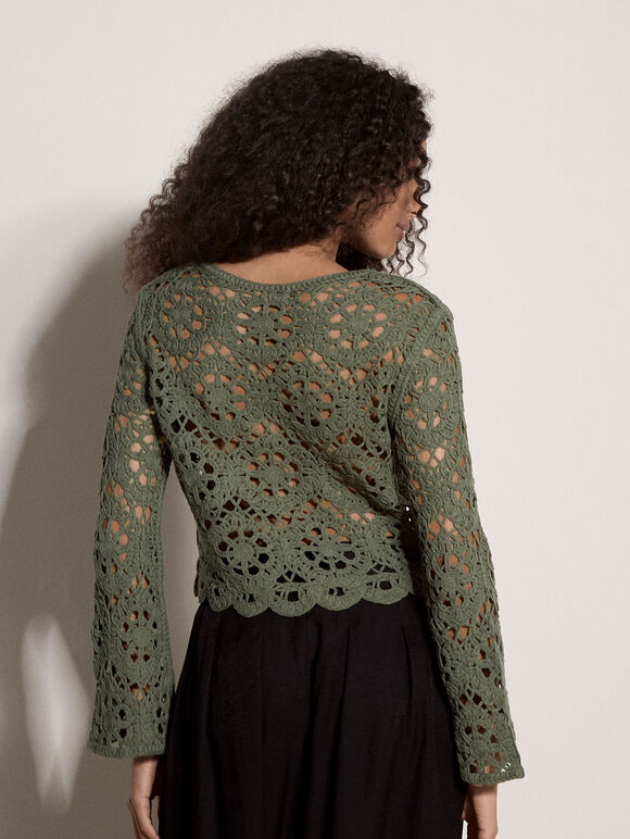 Boho Floral Cotton Crochet Top, Khaki, large