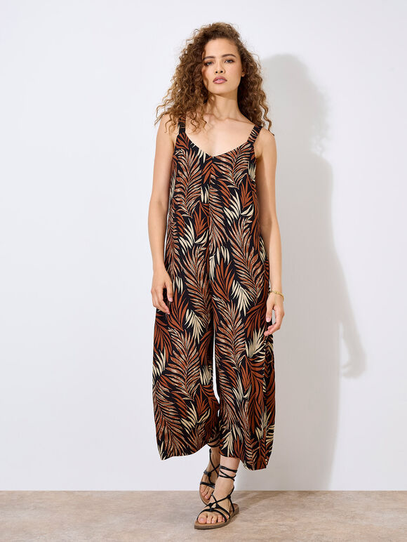 Leaf Print Wide Leg Jumpsuit, Rust, large