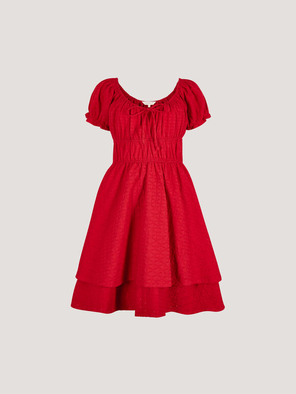 Eyelet Embroidery Tiered Mini Dress, Red, large