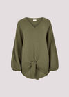 Cotton Oversized Tie Hem Top, Khaki, large