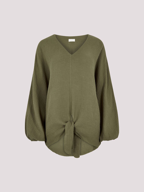 Cotton Oversized Tie Hem Top, Khaki, large
