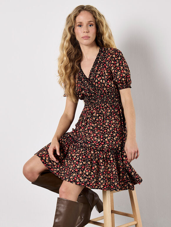 Ditsy Floral Smocked Mini Dress, Orange, large