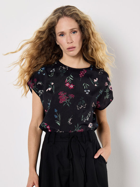 Botanical Floral Print Woven T-Shirt, Black, large
