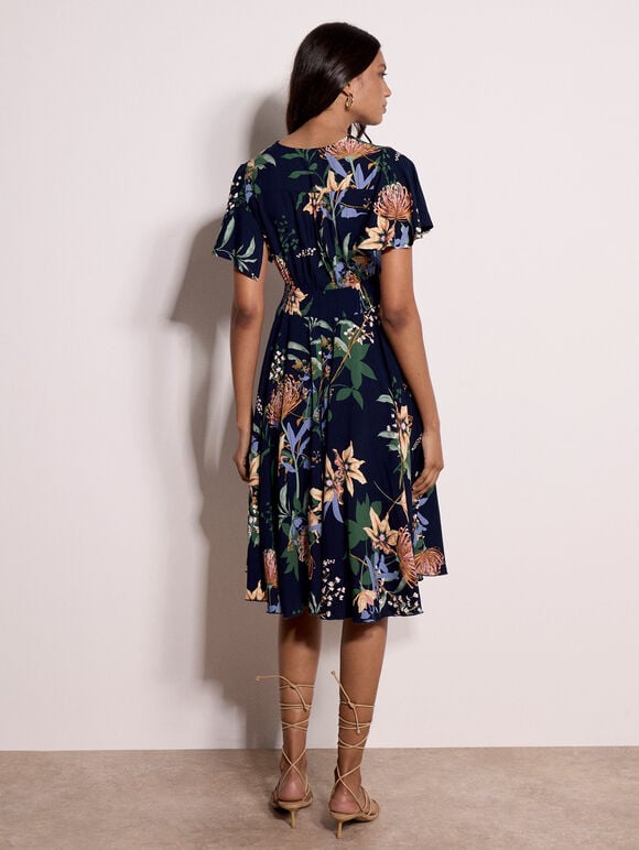 Botanical Floral Smocked Midi Dress, Navy, large