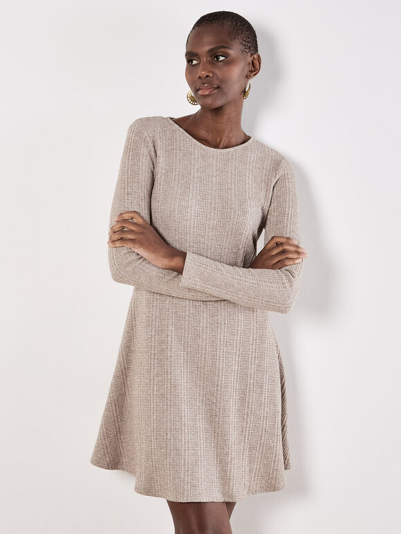 Waffle Knit Swing Mini Dress, Stone, large