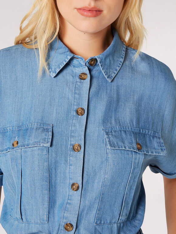 Mid-Wash Denim Utility Jumpsuit, Blue, large