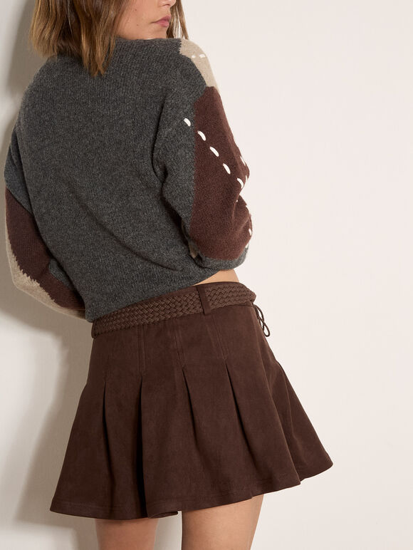 Suedette Pleated Mini Skirt, Brown, large