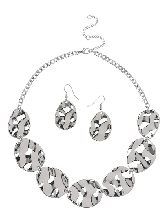 Hammered Necklace & Earring Set, Light Grey / Silver, large