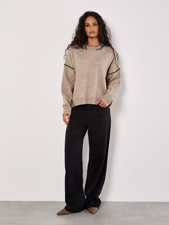 Oversized Stitch Detail Chunky Knit Jumper, Stone, large