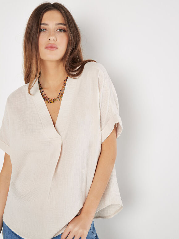 Textured Cotton Pleat Front Top, Stone, large