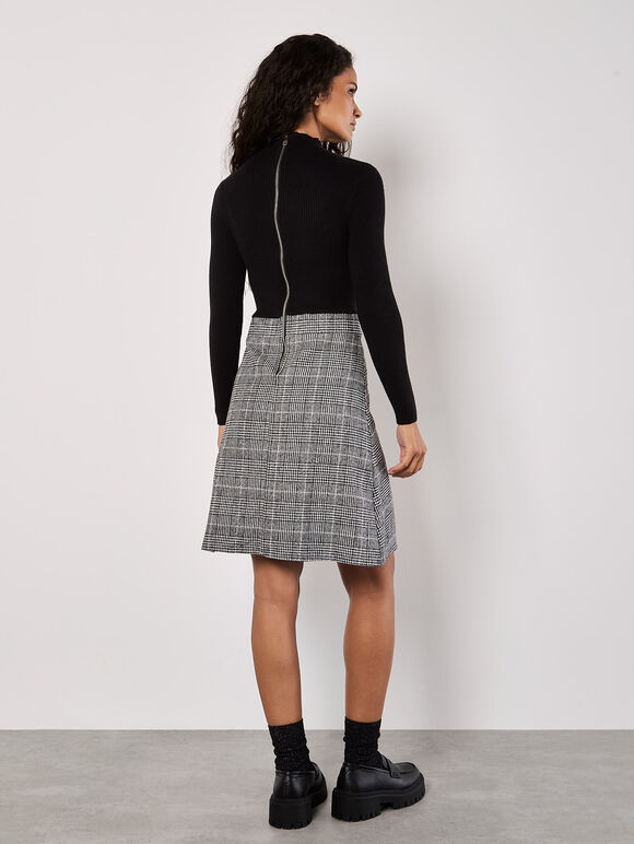 Ribbed Knit Check Skirt Mini Dress, Black, large