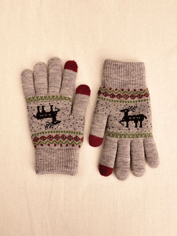 Reindeer Touch Screen Gloves, Grey, large