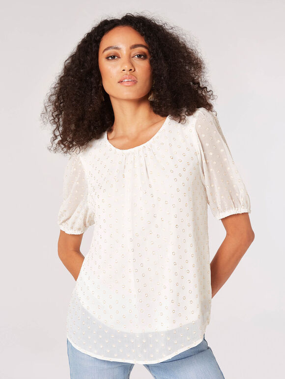Foil Spot Pintuck Blouse, White, large