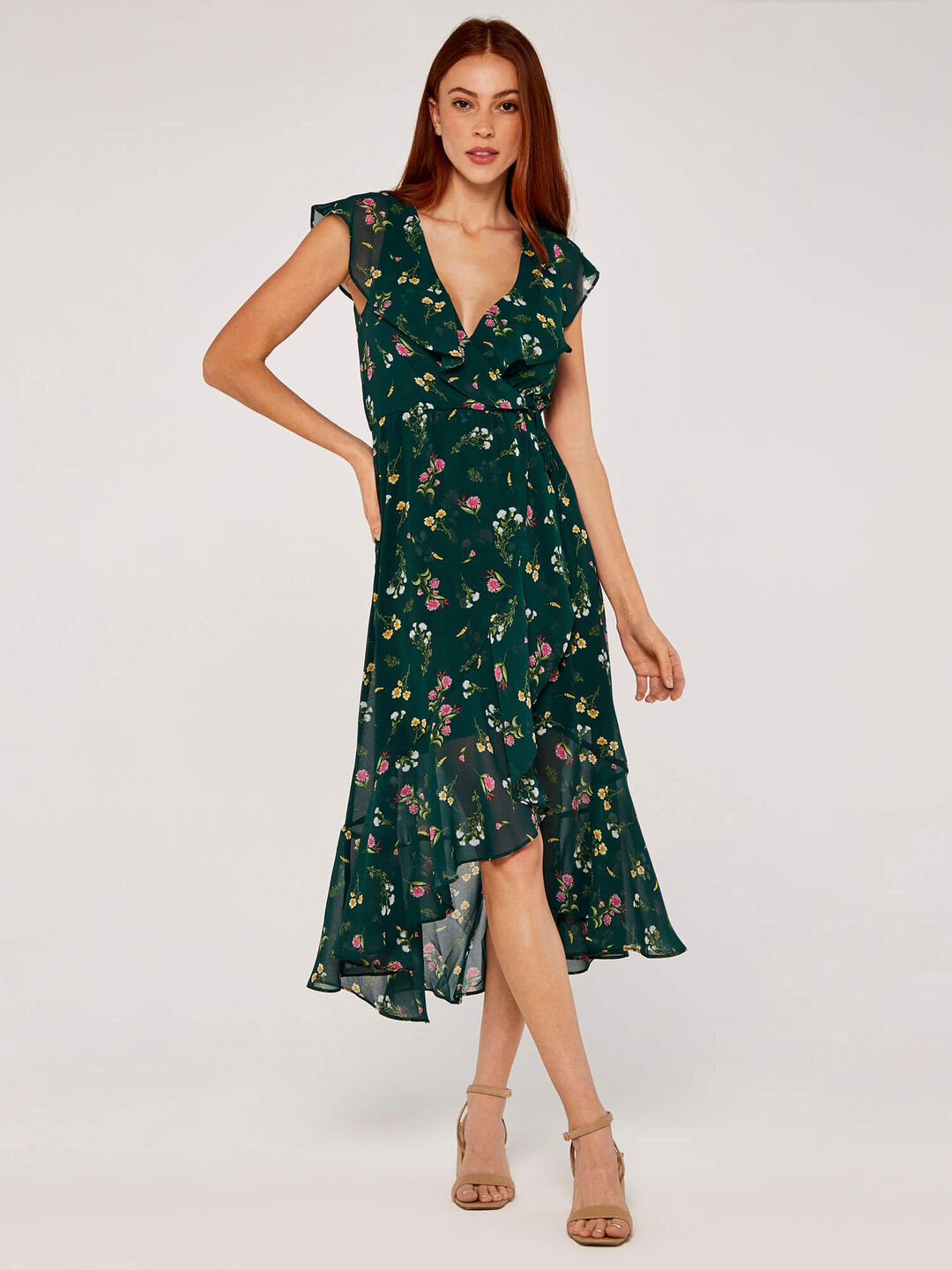 Botanical Wrap Midi Dress Apricot Clothing