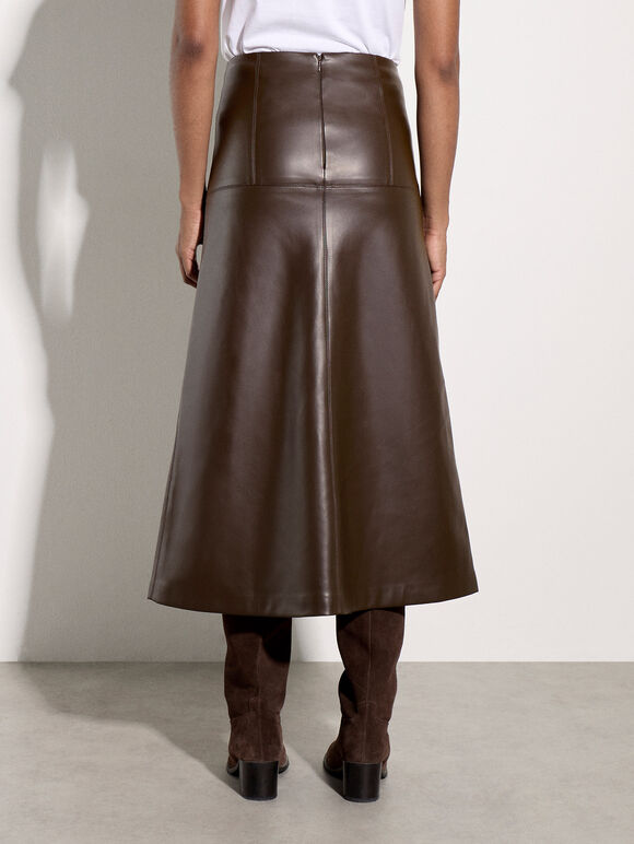 Faux Leather Midaxi Skirt, Brown, large