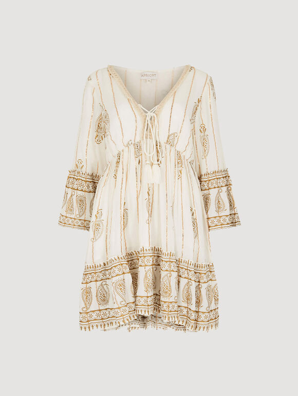 Paisley Shimmer Mini Dress, Cream, large