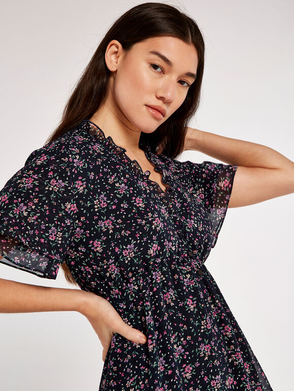 Ditsy Angel Sleeve Dress, Navy, large