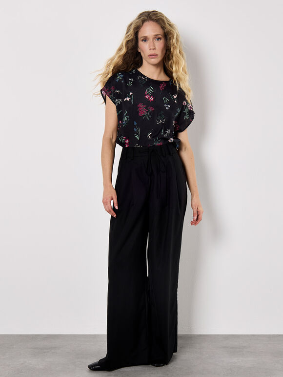 Botanical Floral Print Woven T-Shirt, Black, large