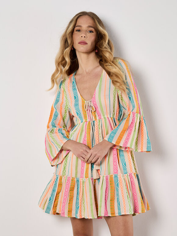 Colourful Pattern Woven Mini Dress, Assorted, large