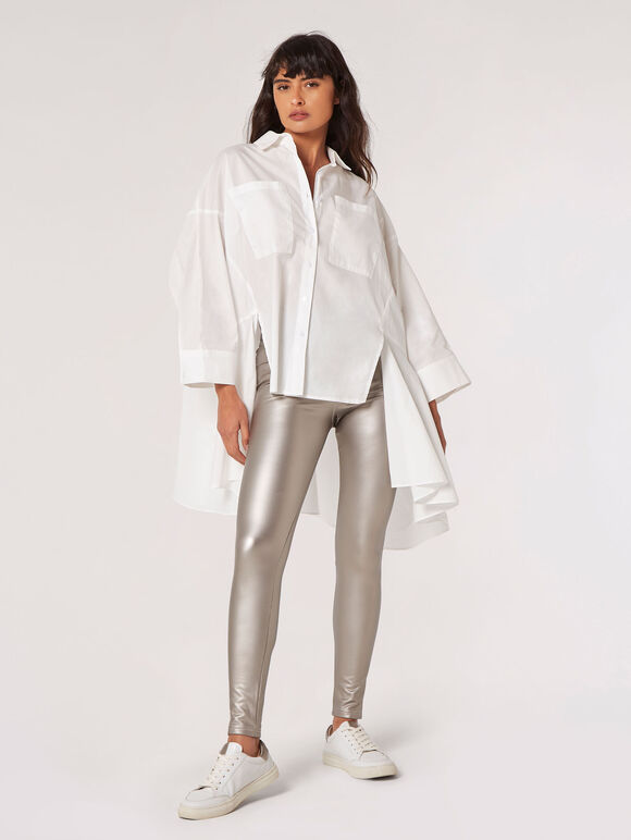 Metallic Leather-Look Leggings, Silver, large