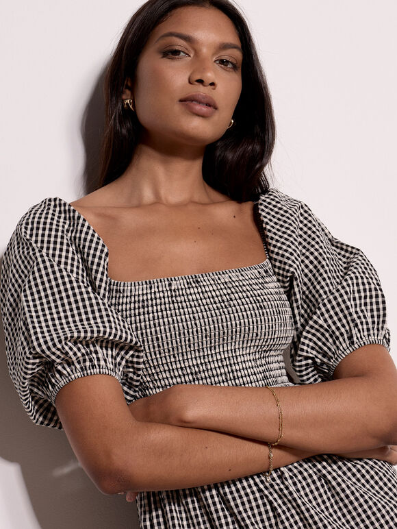 Cotton Gingham Milkmaid Midaxi Dress, Black, large