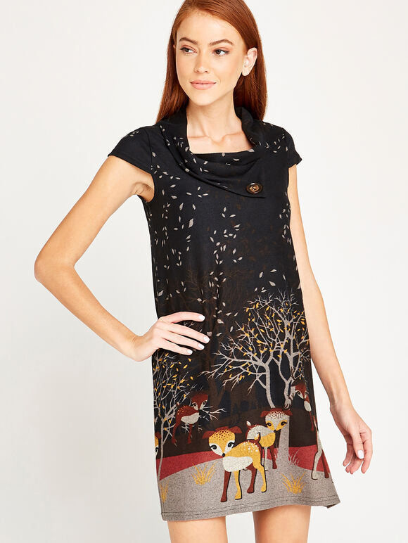 Black Deer Border Print Tunic, Black, large