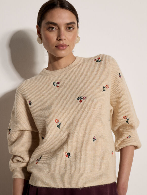 Floral Embroidered Jumper, Stone, large