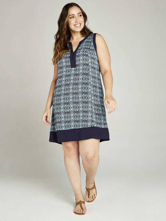 Tribal Tile Print Tunic Dress +, Aqua - Turquoise, large