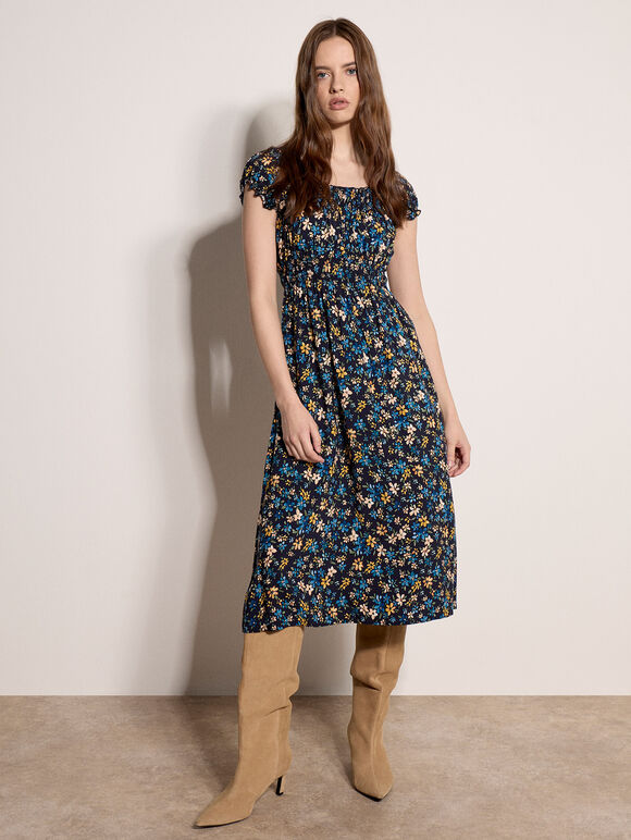 Ditsy Floral Print Milkmaid Midi Dress, Blue, large