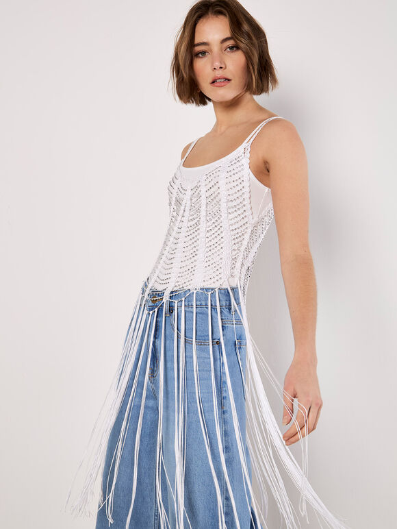 Silver Beaded Fringe Top, White, large