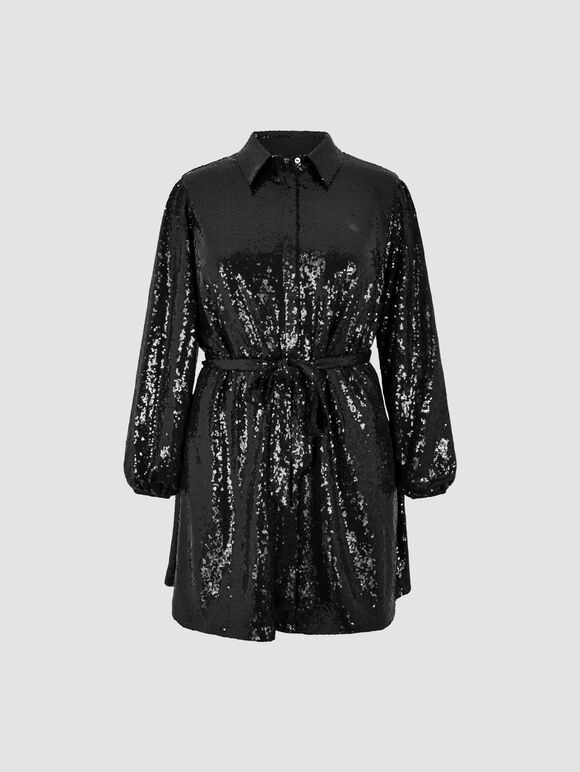 Curve Sequin Shirt Mini Dress, Black, large
