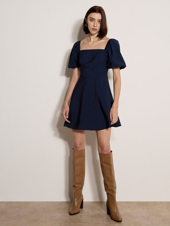 Fit And Flare Smocked Mini Dress
, Navy, large