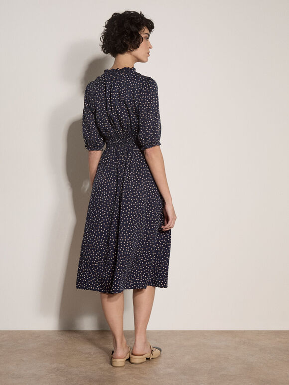 Polka Dot Ruffle Midi Dress, Navy, large