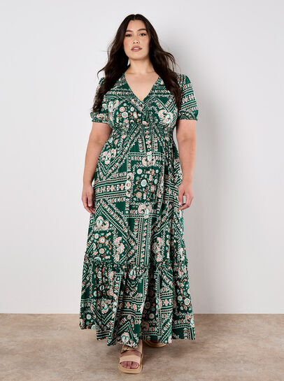 Scarf Print Smocked Maxi Dress
