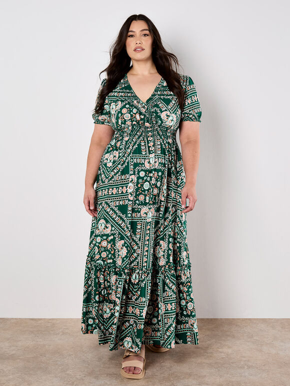 Scarf Print Smocked Maxi Dress, Green, large